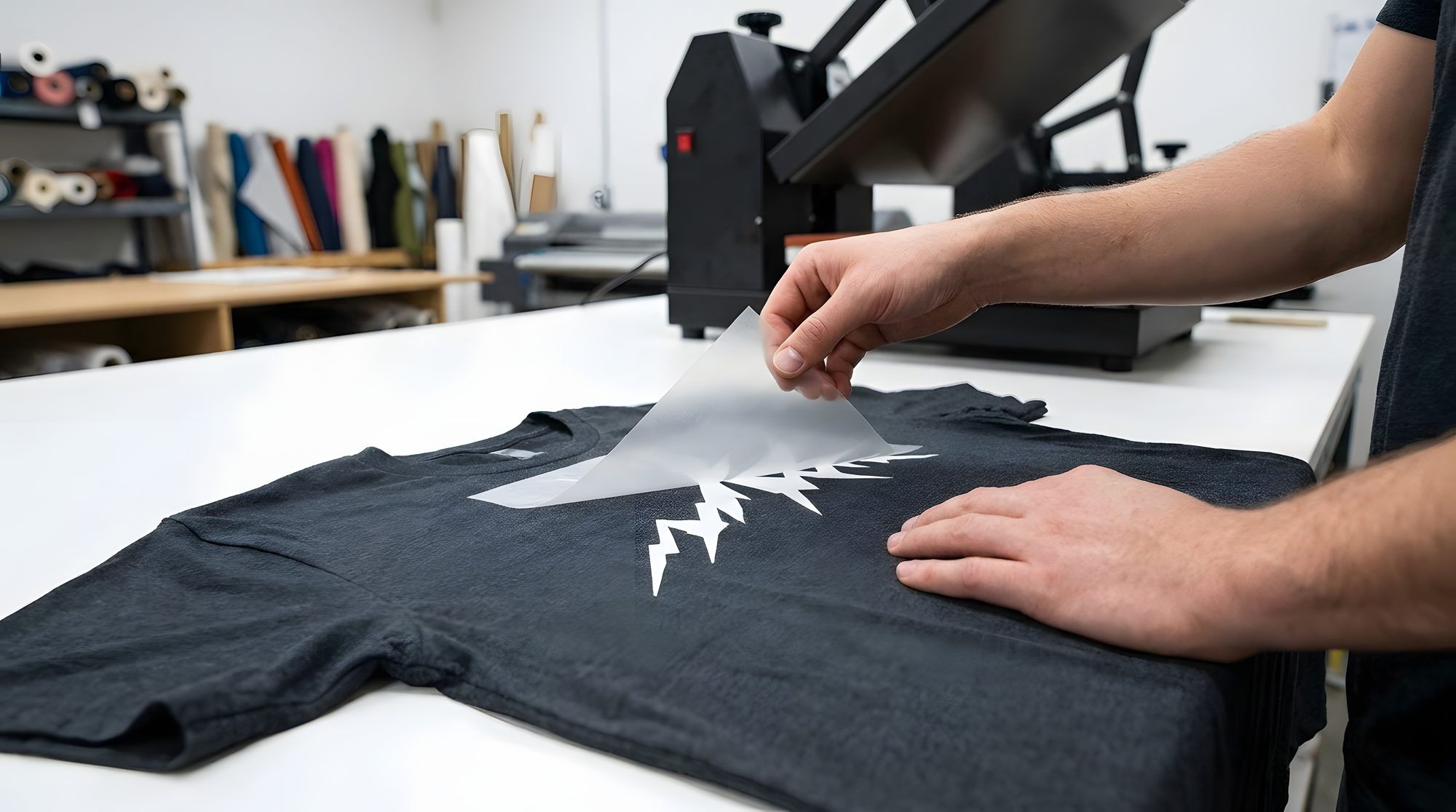 Peeling a DTF transfer film to reveal a finished print on a dark t-shirt