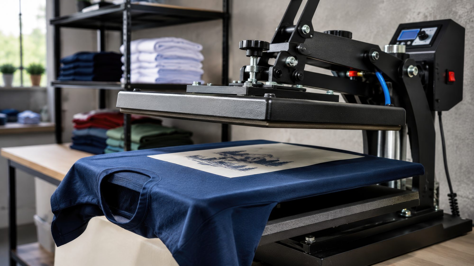 Heat press ready to apply a DTF transfer onto a navy t-shirt in the shop